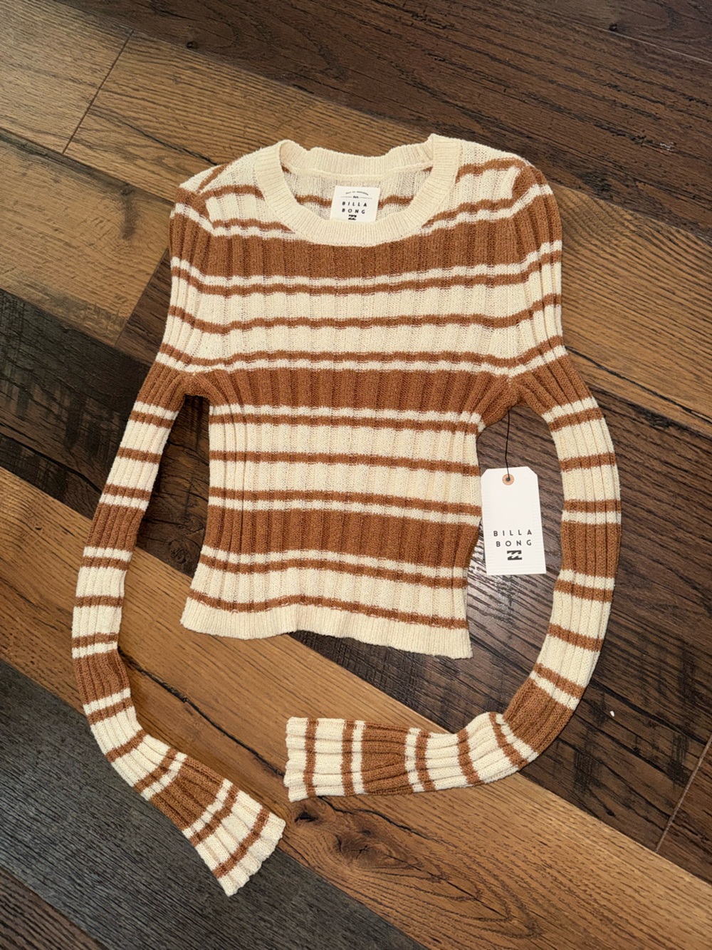 Billabong Cream and Brown Striped Ribbed Crewneck Sweater